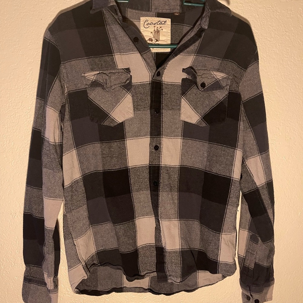 Coastal Mens Plaid Flannel Size S Black White Grunge